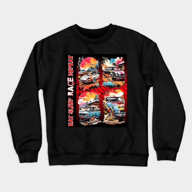 EAT SLEEP RACE REPEAT VINTAGE RACE CARS VIBRANT BACKGROUND ENVIRONMENTS Crewneck Sweatshirt by StayVibing